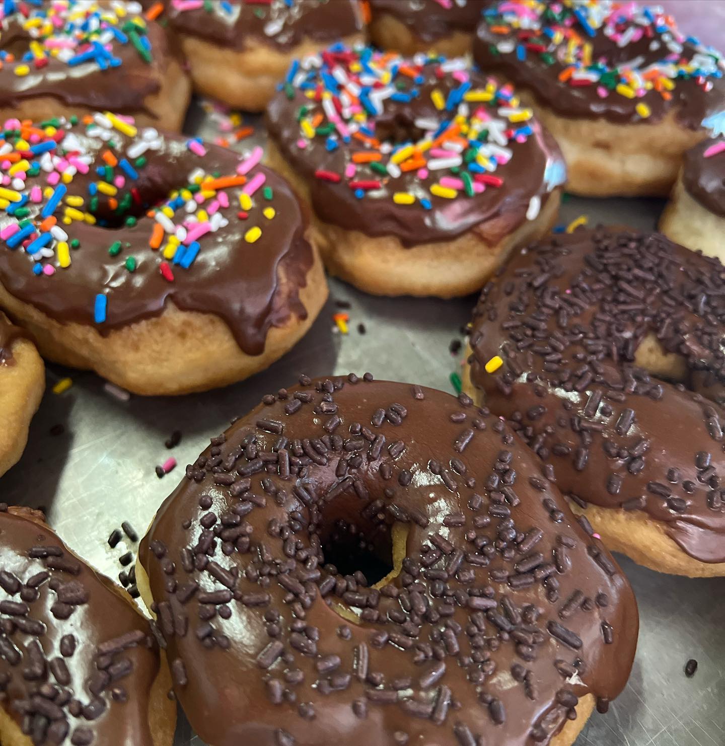 An up-close image of a variety of chocolate donuts with colorful sprinkles as well as only chocolate sprinkles on alternating donuts. These donuts are from Lindsay's Bakery in Circleville, OH.