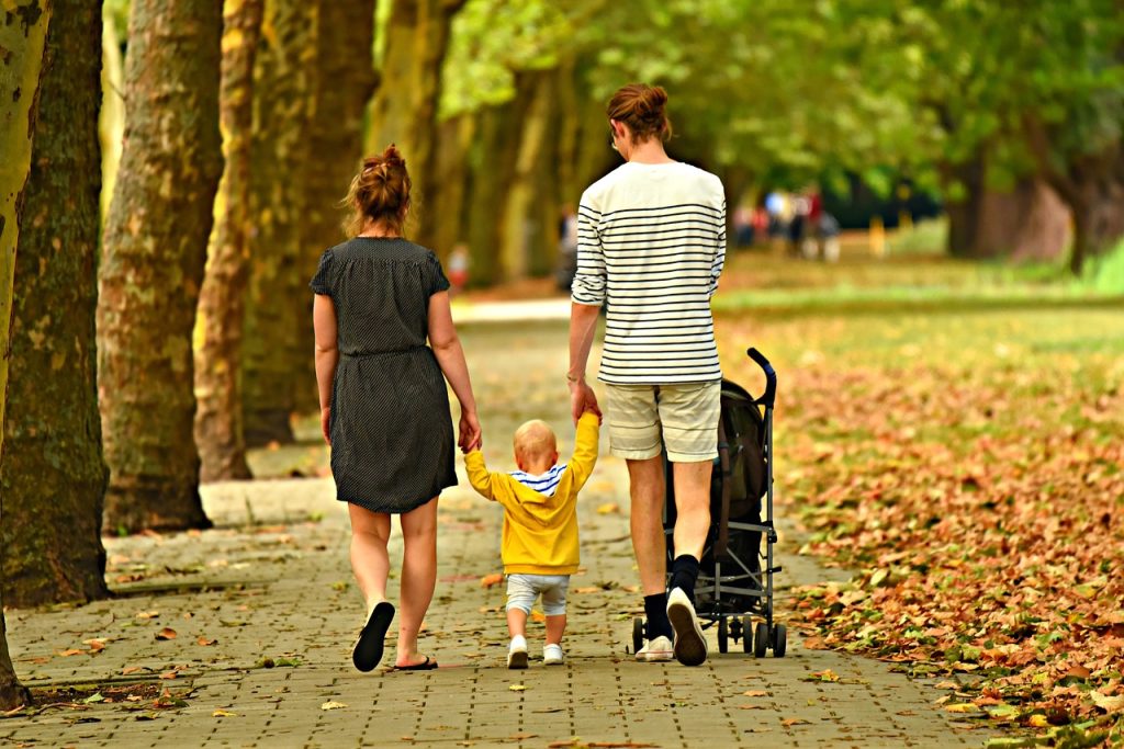 A family walking in a park.